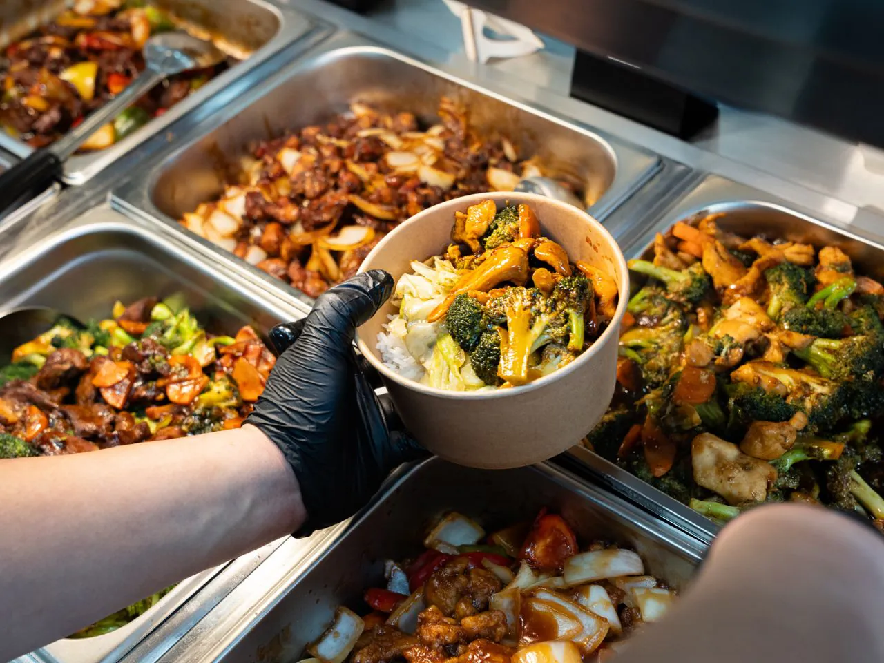 Customizable rice bowl with assorted meats and veggies at Kennys Wok, a Chinese Restaurant in Philadelphia