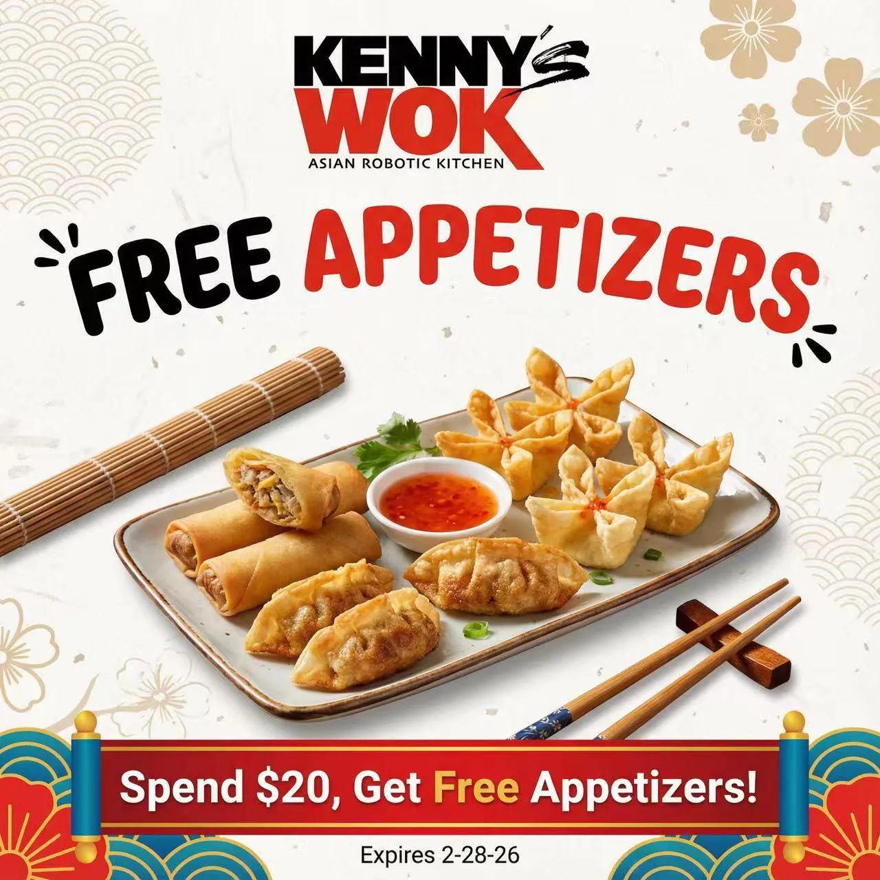Spend $20 to get free appetizers including spring rolls and crab rangoon at Kennys Wok, a Chinese Restaurant in Philadelphia
